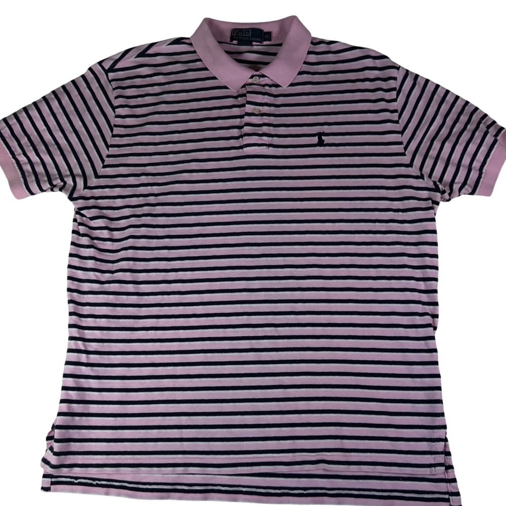 Polo Ralph Lauren Mens XL Pink Navy Blue Striped Short Sleeve Cotton Polo Shirt - Picture 2 of 6